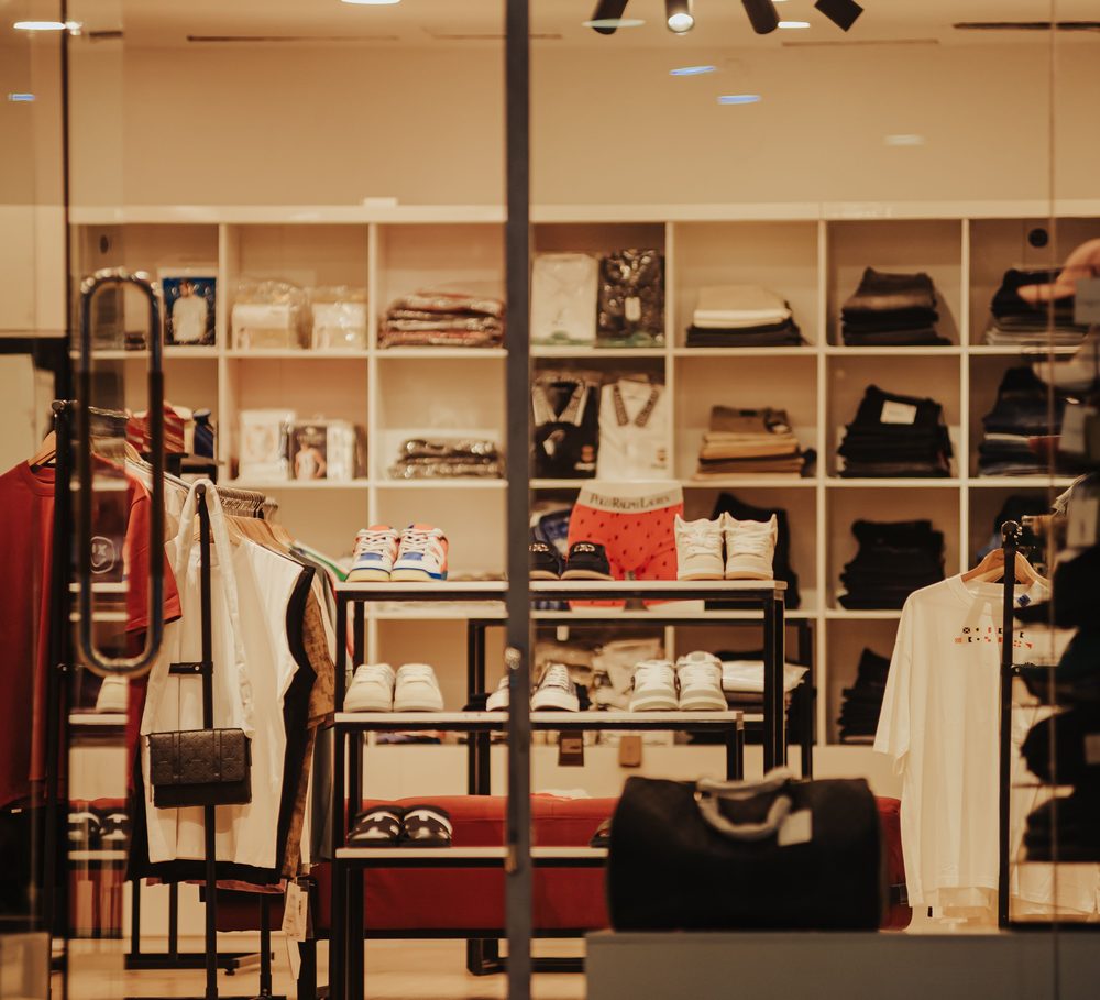 The Fifth Ave store interior in Uruguay, bags and apparel on open wall shelving.